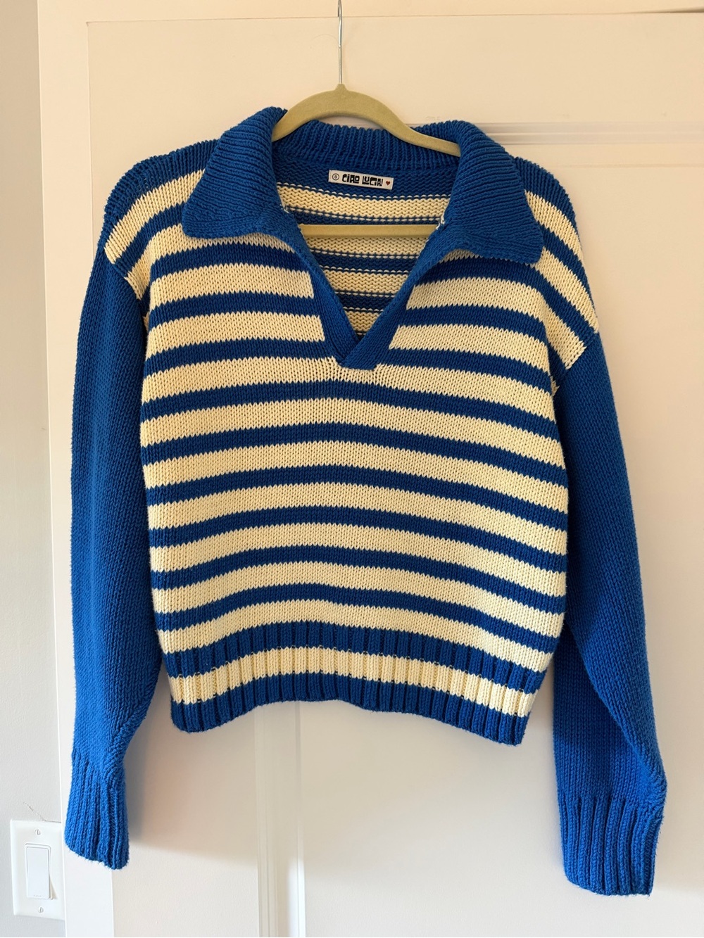 Ciao Lucia Blue and Cream Striped V‑Neck Collared Sweater